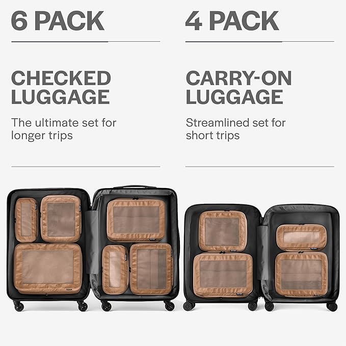 Aerotrunk Compression Packing Cubes for Travel - Luggage Organizer Bags - Double Zipper Packing Cubes for Suitcases (6-Pack, Mocha)