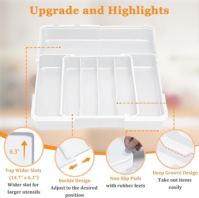 Homecor Silverware Drawer Organizer, Adjustable Kitchen Drawer Organizer, Expands from 4 to 7 Slots, Non-Slip BPA-Free Flatware Cutlery Utensil Holder for Forks Knives Spoons and Kitchen Utensil,White