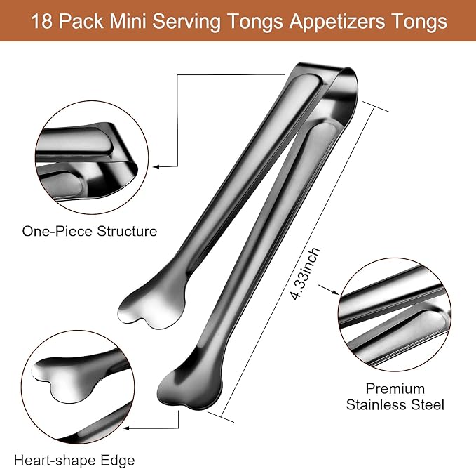 18 Pack Premium Small Serving Tongs, Mini Stainless Steel Appetizer Tongs Black 4.33Inch
