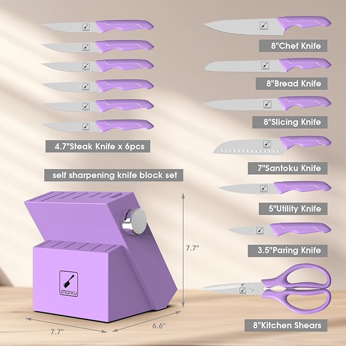 imarku® Kitchen Knife Set, Sharp Knives Set with Built-in Sharpener, Stainless Steel Block Knife Set and Non-Slip Ergonomic Handle, Dishwasher Safe, 14 PCS Professional Knife Set for Gift, Lavender