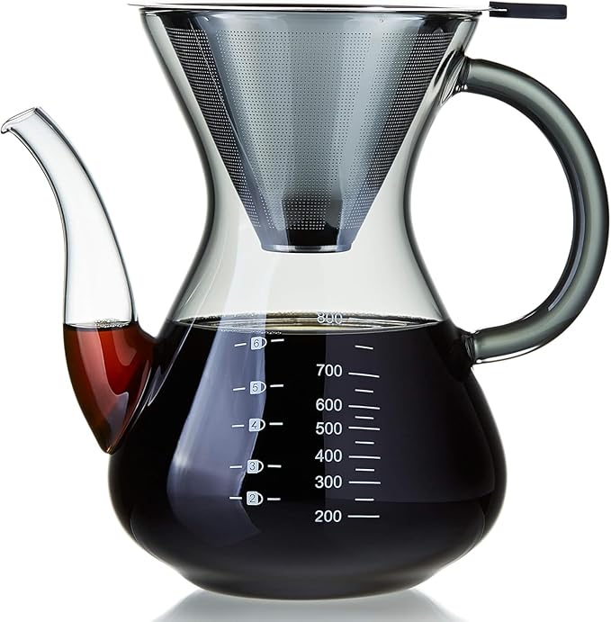 Unbreakable - Pour Over Coffee Maker with Double Stainless Filter 34 fl oz, Thickened Heat-Resistant Borosilicate Glass Pour Over Coffee Dripper, Stovetop Safe