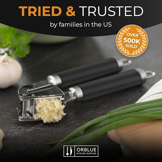 ORBLUE Garlic Press Stainless Steel - Premium Professional Grade Garlic Mincer, Crusher & Peeler Set - Easy Clean, Dishwasher Safe & Rust-proof, Black