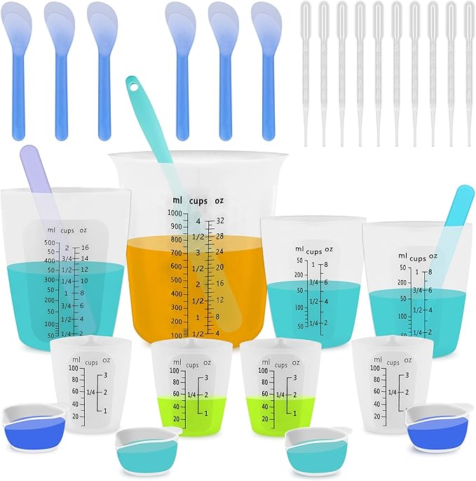 Silicone Resin Mixing 1L Measuring Cup Set for Resin Supplies, Easy-to-Read Marks, 1000ml/32oz Large Cup, 500&250&100ml Thickened Reusable Silicone Cups for Epoxy Mixing, Jewelry Making