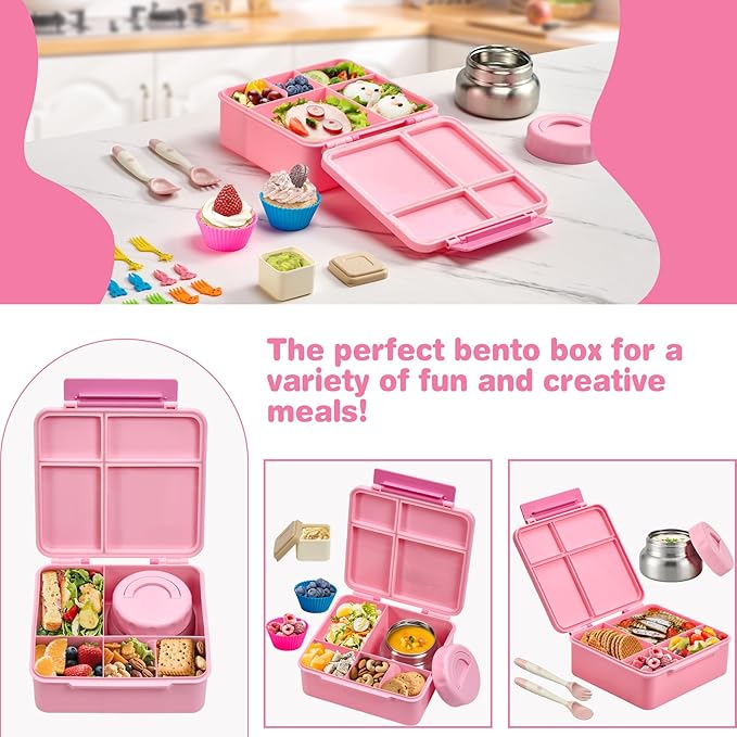 Bento Lunch Box with 9.5 oz Soup Thermo, Kids Leakproof 4 Compartments Bento Box with Silicone Cupcake,Fruit Fork,Spoon and Sauce Cup,Insulated Food Jar for School Travel-Pink