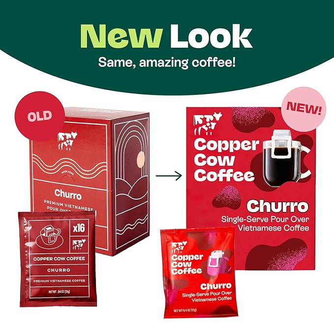 Copper Cow Coffee Premium Pour Over Single-Serve Vietnamese Coffee Pouches (24 pack) | Churro | Dark Roast | Flavored with Real Cinnamon | Convenient Vietnamese Ground Coffee Packets, Travel Friendly