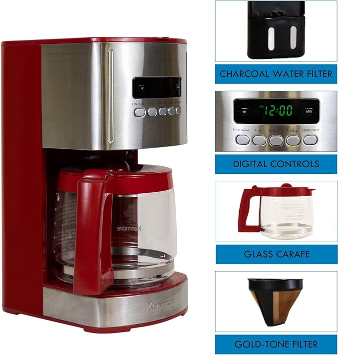 Kenmore Drip Coffee Maker - Programmable Cafe Machine With Glass Pot, Regular & Bold Brew, Auto Shut Off Large Water Reservoir, Reusable Filter, Kitchen Appliances For Cafeteria Barista, 12 Cup Red