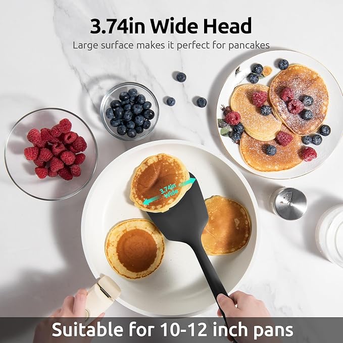 600ºF Heat Resistant Silicone Turner: U-Taste 13.6in Long Solid & Slotted Thick Kitchen Spatula Flipper, Large Flexible Cooking Utensil for Flipping Egg in Nonstick Cookware (Classic Black, 2PCS)