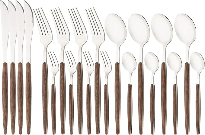 20 Piece (4 Set) Wood Handle Silverware Set, Retro 18/0 Stainless Steel Cutlery Set, Kitchen Utensils Include Knife Fork Spoon, Mirror Polish, Silver