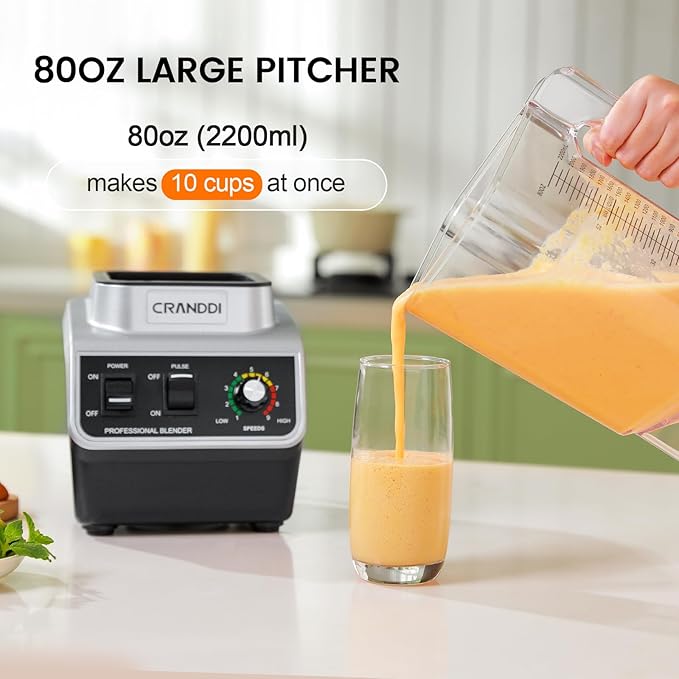 CRANDDI Professional Smoothie Blender, 80oz BPA-Free Countertop Blenders for Smoothies, Shakes & Ice Crushing, 1500W Compact Commercial Kitchen Blender with Stainless Steel Blade, 120V, K96