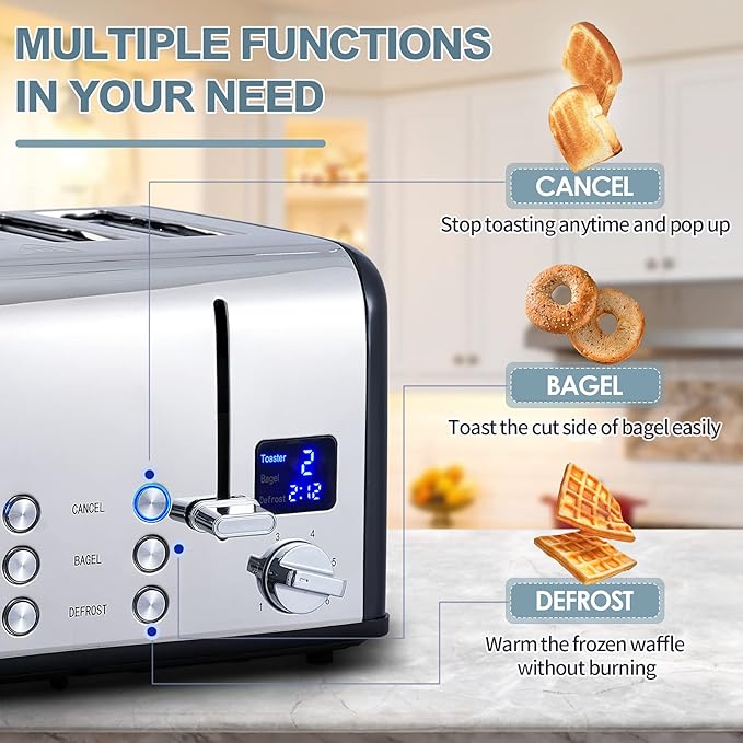 CUSIMAX 4 Slice Toaster, Stainless Steel, Ultra-Clear LED Display & Extra Wide Slots, with Dual Control Panels of 6 Shade Settings, Cancel/Bagel/Defrost Function, Removable Crumb Trays, Black