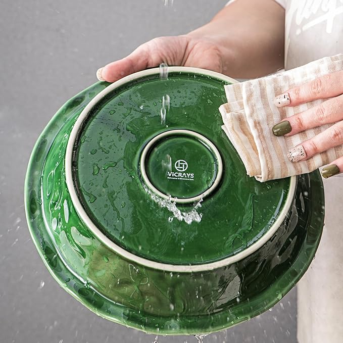 Vicrays Ceramic Pie Pan - 9 Inch Round Fluted and Deep Pie Dish for Tart Pizza Quiche Pot Pies Cake - Reactive Glaze (Green)