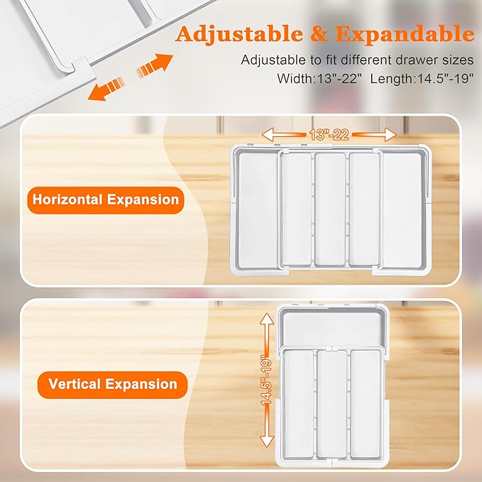Large Utensil Drawer Organizer Expandable Silverware Organizer for Kitchen Drawer Adjustable Cooking Utensil Holder Cutlery Flatware Tray Spatula Tools Gadgets Storage Dividers Plastic White