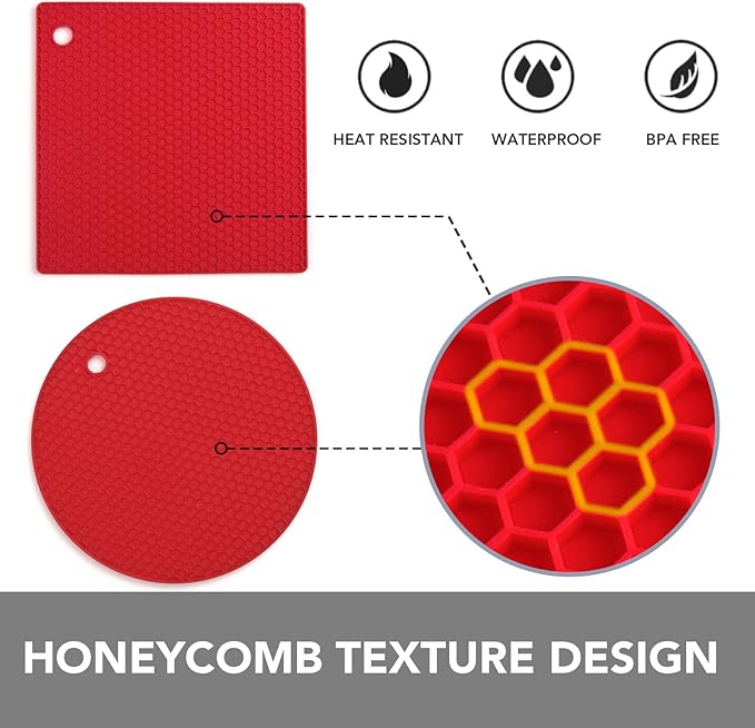 Joyhalo Trivets for Hot Dishes - Hot Pads for Kitchen, Silicone Pot Holders for Hot Pots and Pans, Silicone Mats for Kitchen Countertops, Table, Flexible Easy to Wash and Dry, Red