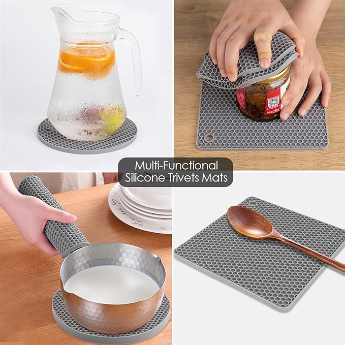 Silicone Trivet Mats, Silicone Pot Holders for Hot Pots and Pans, Heat Resistant Counter Mats for Tables, Countertops, Spoon Rest and Large Coasters, 4 Pack Gray Trivets for Hot Dishes