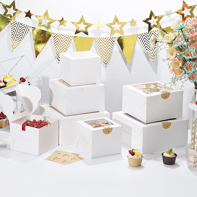 White Cake Boxes 10 Inch with Window， 4 Set Bakery Boxes with Cake Boards & Stickers, Tough Containers for Layer Cakes, Cupcakes, Desserts Food Safe Packaging（10x10x5 inch）