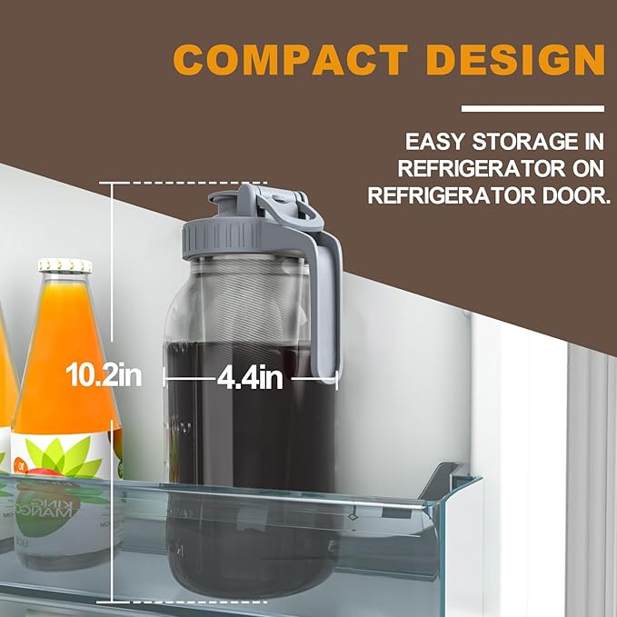 Cold Brew Coffee Maker Jar - 64oz Thick Glass Multipurpose Mason Pitcher Spout Lid with Handle & Stainless Steel Filter for Iced Coffee, Lemonade, Ice Tea, Homemade Fruit Drinks Container