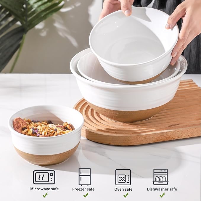 Mixing Bowls Set, Ceramic Serving Dishes Set of 4 for Cooking, Nesting, Prepping, Baking Bowls for Salads, Fruit, Cereal, Soup, 2.1/1.5/1.0/0.5 Qt, Dishwasher & Microwave Safe, White