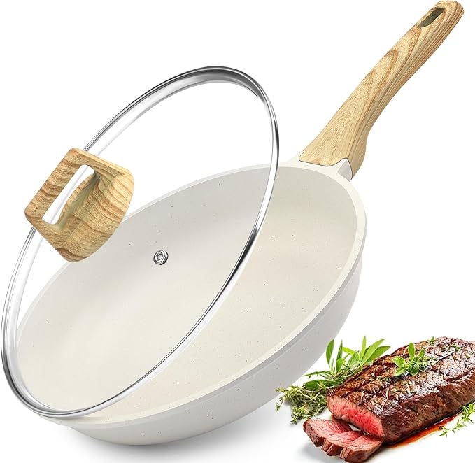 GiPP Nonstick Frying Pan Skillet with Lid - 8" White Granite Non Stick Pans, Omelette Pan with Heat-Resistant Handle, Compatible with All Stovetops, PFOA Free