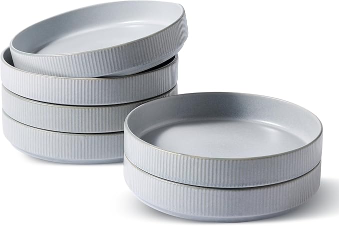 famiware Star 8.25" Pasta Bowls, Large Dinner Bowls Set of 6, Salad Bowl Plates, Shallow Bowls for Eating, Light Gray