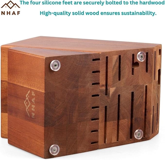 24 Slot Knife Block without Knives, Built-in Sharpener, NHAF Premium Wooden Knife Storage Block, Rubber & Acacia Wood Knife Block, Kitchen Knife Holder (3 gifts accessories included)