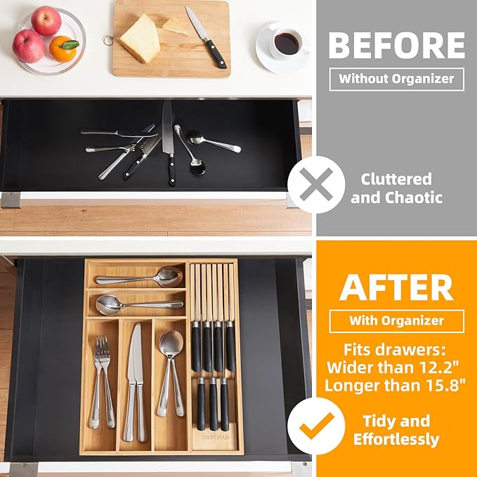 Small-Bamboo-Silverware-Drawer-Organizer, Expandable Utensil Kitchen Cutlery Tray Flatware Organization Adjustable Wood Tableware Dividers Storage (with Removable Knife Block)(Natural)