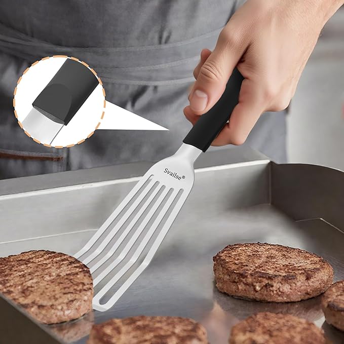 Fish Spatula Stainless Steel, Metal Spatula for Cast Iron Skillet, Slotted Turner with Silicone Handle for Cooking, Grilling, Flipping, Egg, Cookie, Pancake and Burger (Small and Large)