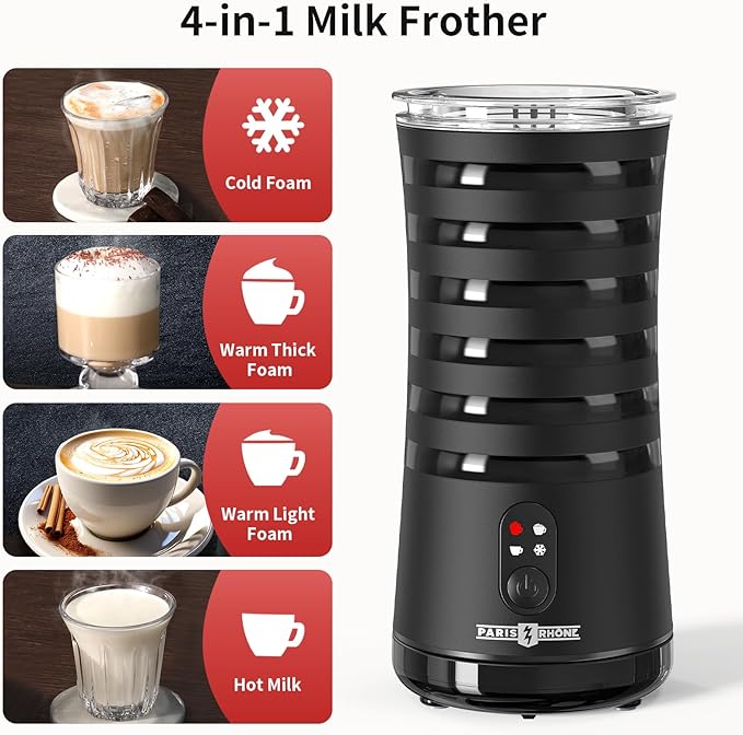 Milk Frother, Paris Rhône 4-in-1 Milk Steamer and Frother, Hot & Cold Foam Milk Warmer with Temperature Control, Auto Shut-Off Frothers for Coffee, Latte, Cappuccino, Macchiato