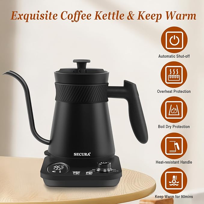 Secura Electric Gooseneck Kettle with 5 Temperature Control Presets, 100% Stainless Steel Inner Tea/Coffee Kettle with 1.5H Keep Warm, 1200 Watt Quick Heating for Coffee Tea Brewing, 0.8L, Matt Black