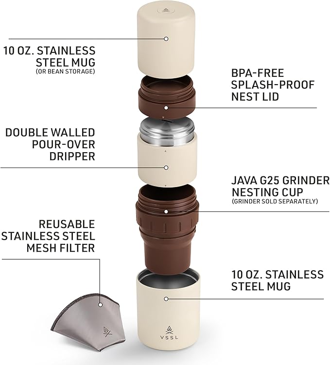 VSSL - Nest Pour Over Coffee Kit | Coffee Maker for Camping | All-In-One Travel Pour Over | Transportable Dripper, Two 10oz Stainless Steel Travel Mugs | Compact Storage & Adventure Ready | Cream