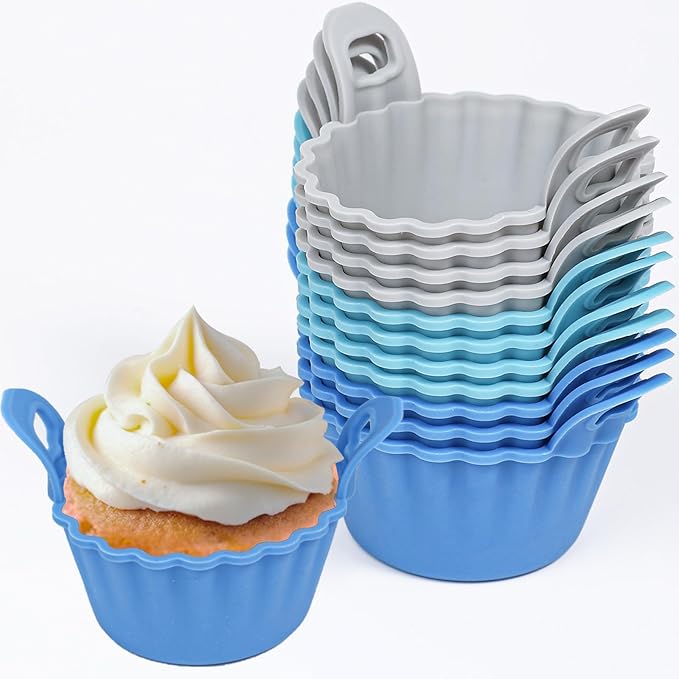 Koluti Nonstick Silicone Muffin Baking Cups Pack of 12, Reusable Cupcake Molds with Double Handle, BPA Free, Mini Round Air Fryer Cupcakes Liner, 3 Colors