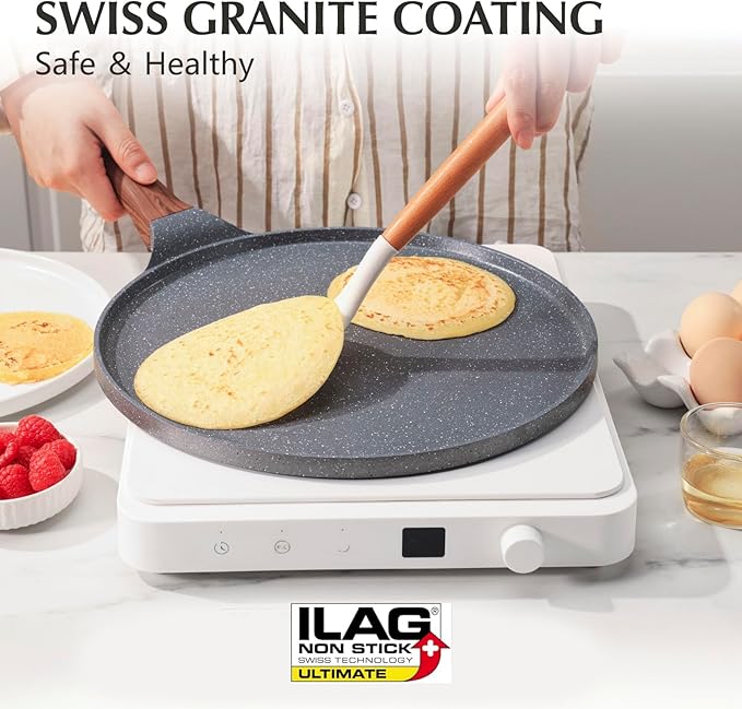 SENSARTE Nonstick Crepe Pan, Swiss Granite Coating Dosa Pan Pancake Flat Skillet Tawa Griddle 12-Inch with Stay-Cool Handle, Induction Compatible