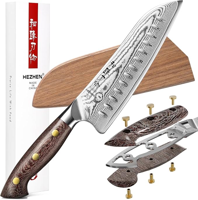 HEZHEN Santoku Knife with Wooden Sheath,7.3 Inches, 67 Layers Damascus Steel Kitchen Knife for Professional Chefs and Family, Micarta Handle,Gift Ready
