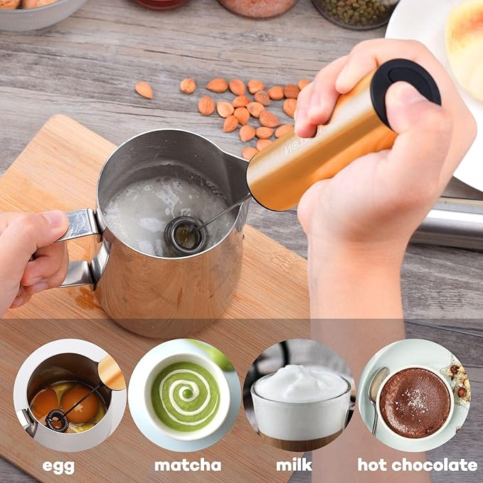 Rechargeable Milk Frother Handheld Electric Frother Wand Milk Foamer Drink Mixer for Coffee, Lattes, Cappuccino, and Egg, Stainless Steel for Travel-Golden