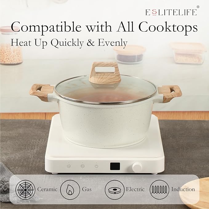 ESLITE LIFE Nonstick Stock Pot with Lid, 7 Quart Granite Casserole Large Soup Pot Pasta Cooking Pot, Induction Compatible, PTFE & PFOA Free, White