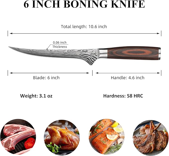 Sunnecko Boning Knife with Pakkawood Handle,6 inch High Carbon German Stainless Steel Fillet Knife for Meat and Poultry