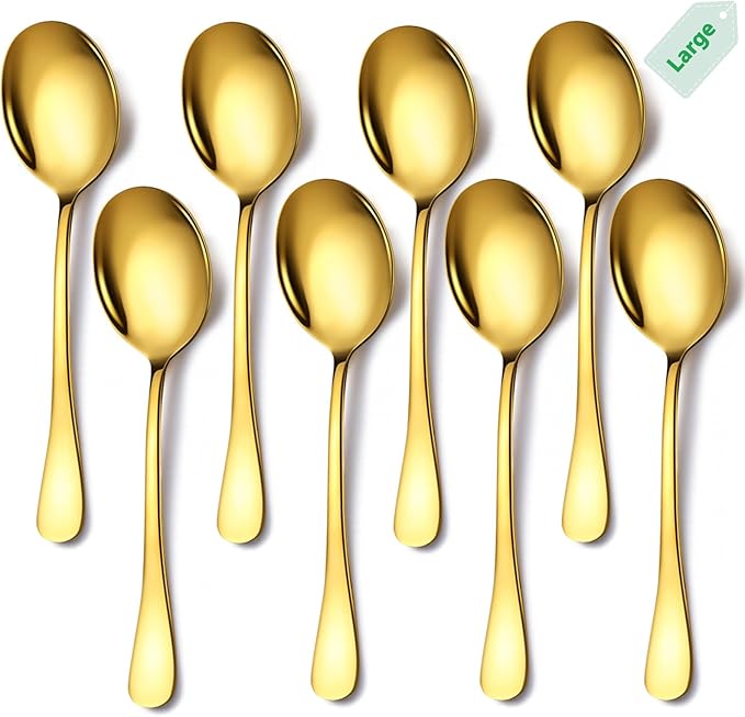 Stainless Steel Serving Spoons Set, 8pc, 10-Inch, Includes 8 Large Spoons, for Parties/Kitchen/Buffet/Catering, Dishwasher Safe, Gold