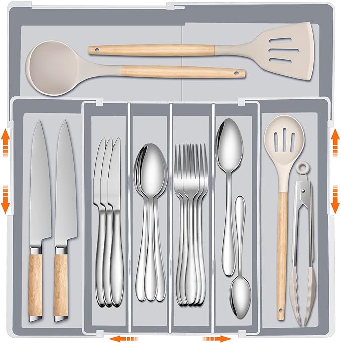 Silverware Organizer for drawer - Adjustable Kitchen Drawer Organizer Utensil Drawer Organizer, Expandable Silverware Tray for Drawer Utensil Organizer for Forks, Knives, Grey