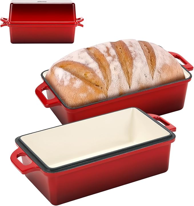 9x5 Inch Enameled Cast Iron Bread Loaf Pan with Lid, Perfect Sourdough Baking Pans | Even Heat Distribution for Homemade Bread, Cake, Meatloaf，2 Piece set，Red