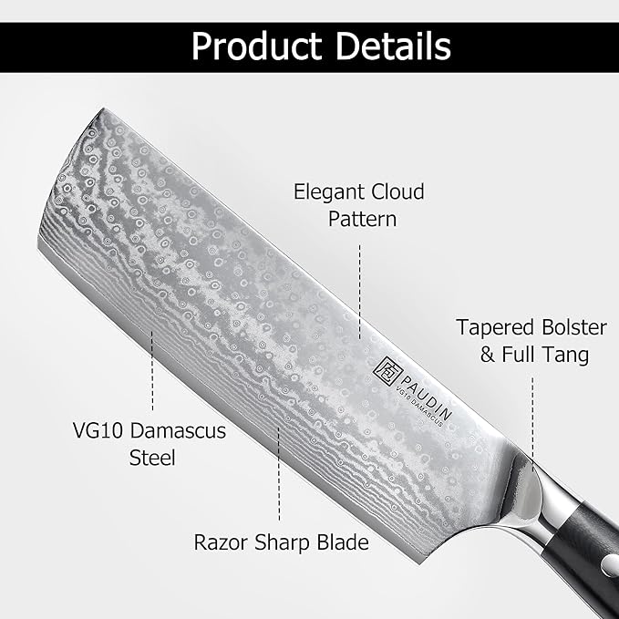 PAUDIN Nakiri Knife 7'', Damascus Chef Knife, Japanese VG-10 Stainless Steel, Kitchen Knife with G10 Full Tang Handle, Razor Sharp 67-Layer Forged Blade