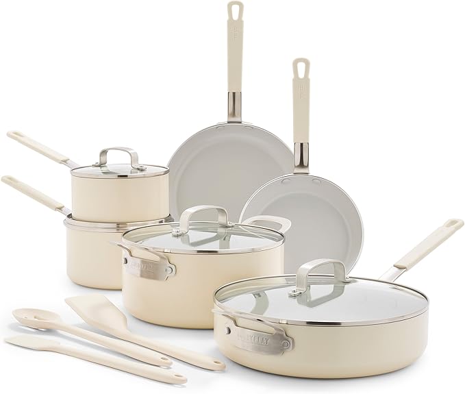 GreenPan x Bobby Flay 13 Piece Nonstick Cookware Pots and Pans Set, PFAS-Free Diamond Ceramic, Induction Suitable, Easy Clean Dishwasher & Oven Safe, Stay-Cool Silicone Handles, Glass Lids, Cream