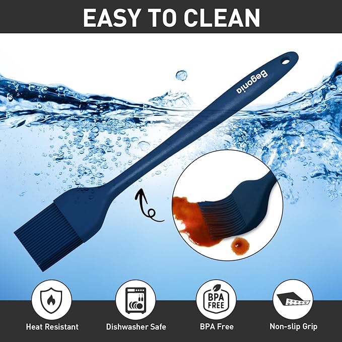 Pastry Brush-Begonia Silicone Basting Brush for Cooking,2pcs 10+8 in Heat Resistant Food Brushes for Baking, Grilling, Cooking and Spreading Oil (Prussian Blue)