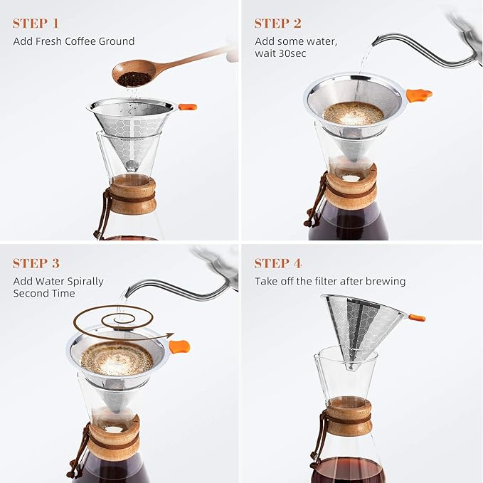 Pour Over Coffee Dripper, Stainless Steel Coffee Filter Reusable Pour Over Coffee Filter Cone Coffee Dripper with Removable Cup Stand and Bonus Brush