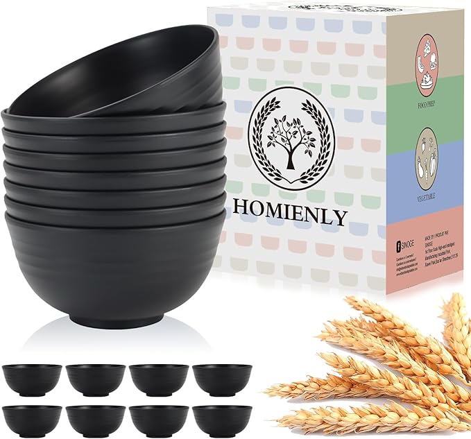 Homienly Cereal Bowl Set, Wheat Straw Bowls for Kitchen, Unbreakable Lightweight Bowl Set of 8, Microwave and Dishwasher Safe Bowls, Reusable Bowl for Serving, Cereal, Snack,Fruit(Black, 26 OZ)