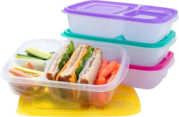 Bentgo Easyboxes - Original Stackable Lunch Boxes - Reusable 3-Compartment Food Containers for Kids and Adults - Bento Lunch Box for Meal Prep, School, & Work - BPA Free, Set of 4 (Brights)