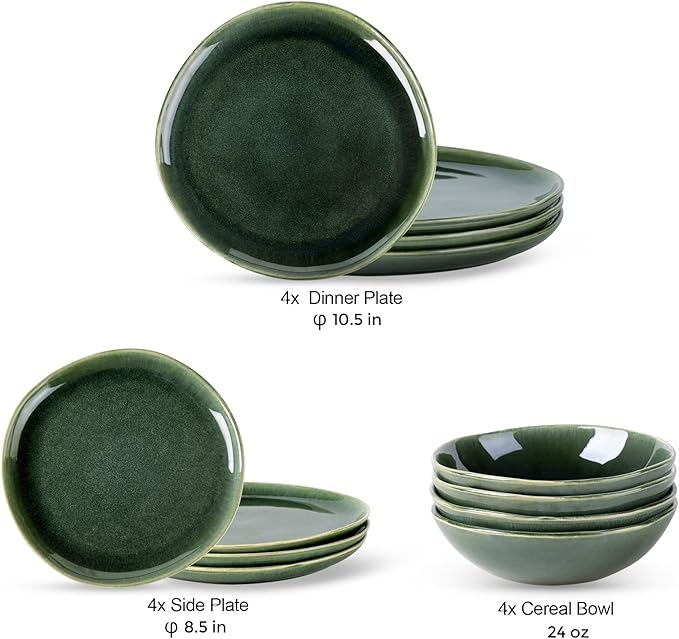 AmorArc Ceramic Dinnerware Sets,Handmade Reactive Glaze Stoneware Plates and Bowls Set,Highly Chip and Crack Resistant | Dishwasher & Microwave Safe Dishes Set,Service for 4 (12pc)