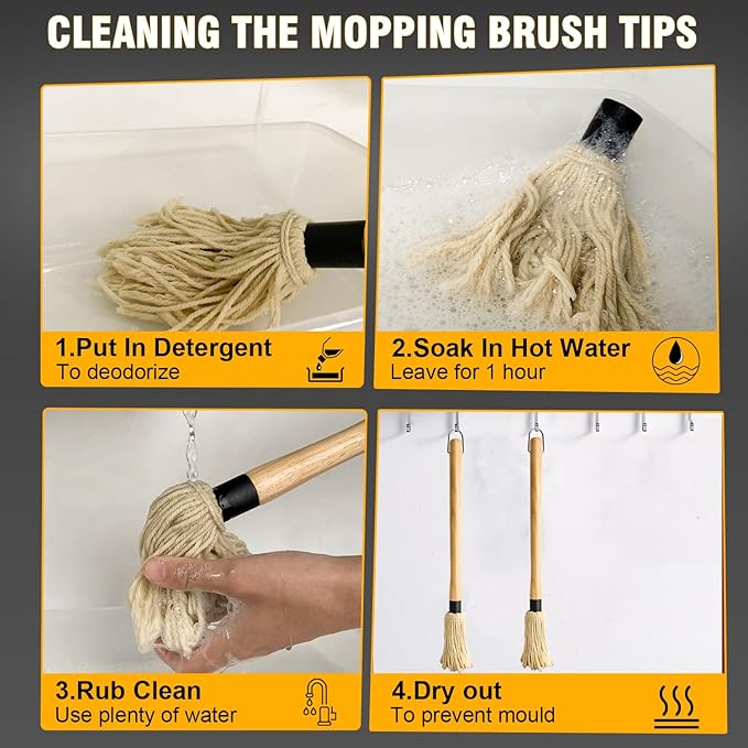 Walfos BBQ Mop Brushes for Sauce, Grilling Basting Mop Wooden Long Handle with 3 Heads, for Grilling, Barbecue, Smoking Steak (18")