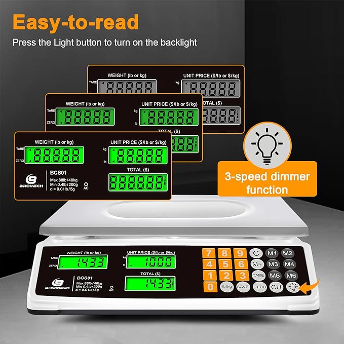 Price Computing Scale 88lb/40kg Commercial Food Scale for Produce Meat Weighing, LCD Display and Green Bright Backlight for Farmers Markets, Meat Shop, Deli, （Not for Trade）