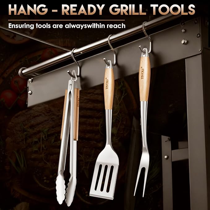 TIVOLI 3PCS Grilling Accessories, Heavy Duty BBQ Tool Set with Stainless Steel Spatula, Tongs, Fork, Wood Handles Barbecue Utensils Kit for Outdoor, Perfect Grill Gifts for Dad Men