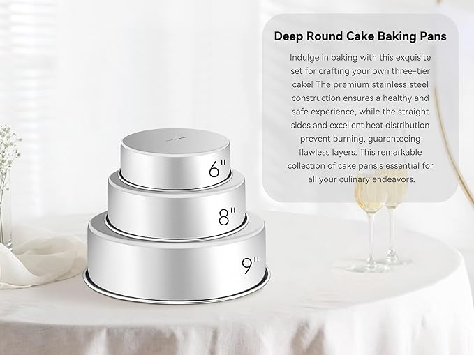 Leonyo Tall Round Cake Pans, 6’’- 8’’- 9½’’ Cake Pan Set for 3, Stainless Steel Round Layer Baking Tier Cake Pans Set, 3-Tiered Cake Tins for Birthday Wedding, Non Toxic & Healthy, Dishwasher Safe