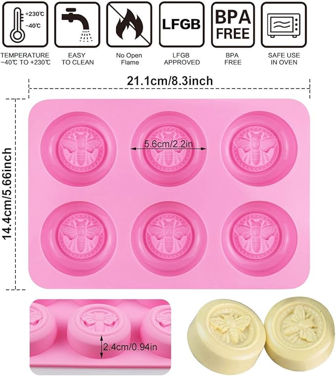 Sakolla 2 Pack Silicone Soap Molds, 6 Cavity Round Honeybee Silicone Molds for Homemade Soaps, Lotion Bar, Jello, Bath Bomb, Beeswax, Resin, Chocolate and Dessert (Pink)